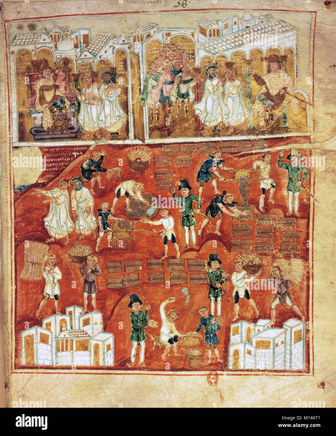 The Ashburnham Pentateuch or Tours Pentateuch. Late 6th -early 7th century Latin Illuminated manuscript of the Pentateuch, the first five book of the Old Testament.   Construction of a city. National Library of France. Paris. Stock Photo