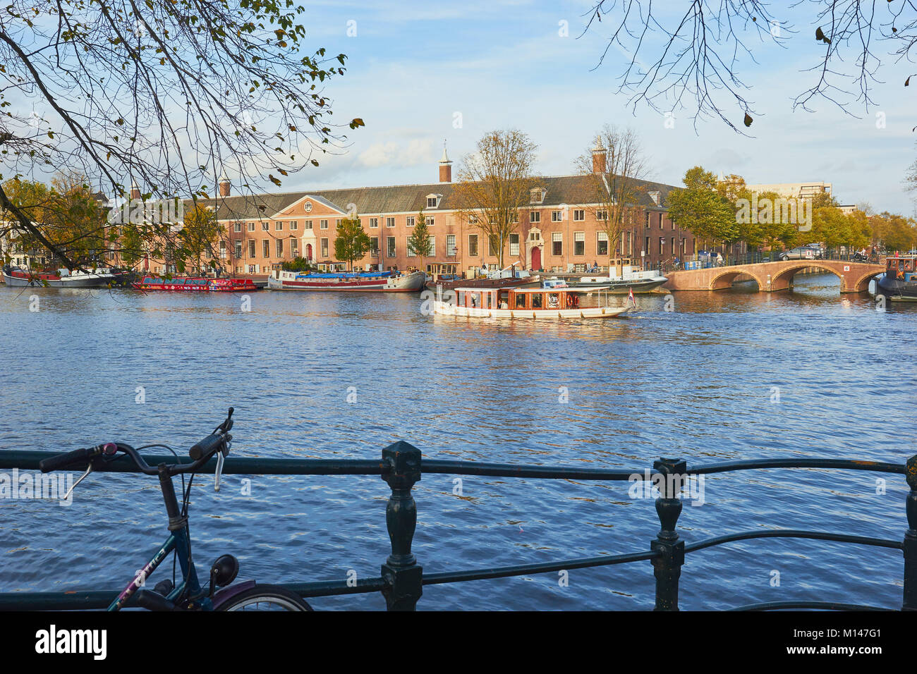 View across the Amstel river towards the Hermitage museum, Amsterdam, Netherlands, Located in the classical Amstelhof building since 1681 Stock Photo