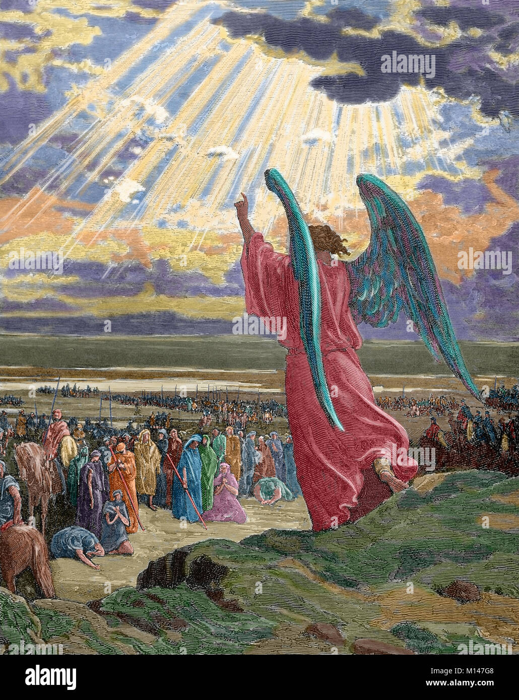 An angel appears Joshua's army. Book of Judges. Chapter 11, verses 1-5. Engraving by Gustave Dore (1832-1883). Colored. Stock Photo