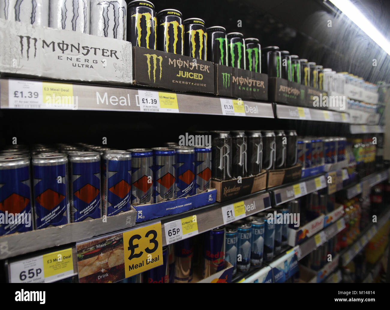 Shelves of energy drinks on sale in a Tesco store in London, as the  supermarket chain has announced plans to stop selling energy drinks to  under-16s Stock Photo - Alamy