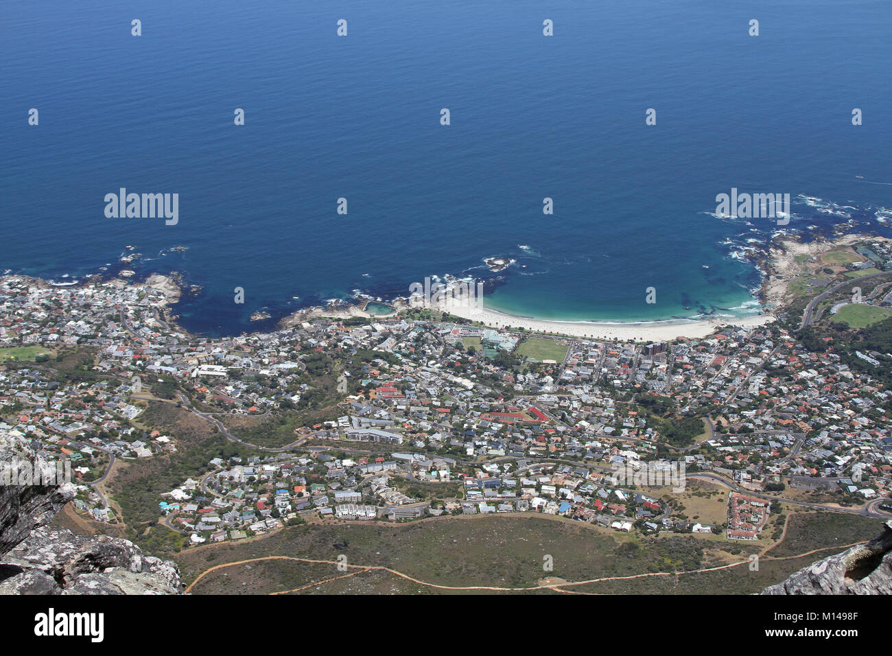 View of Camps Bay from the top of Table Mountain, Cape Town, Western Cape, South Africa. Stock Photo
