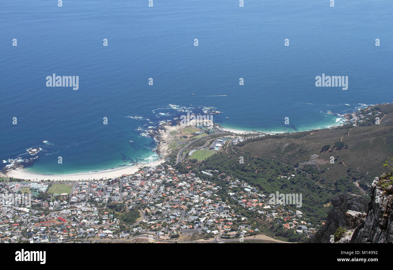 View of Camps Bay and Clifton Beach from the top of Table Mountain, Cape Town, Western Cape, South Africa. Stock Photo