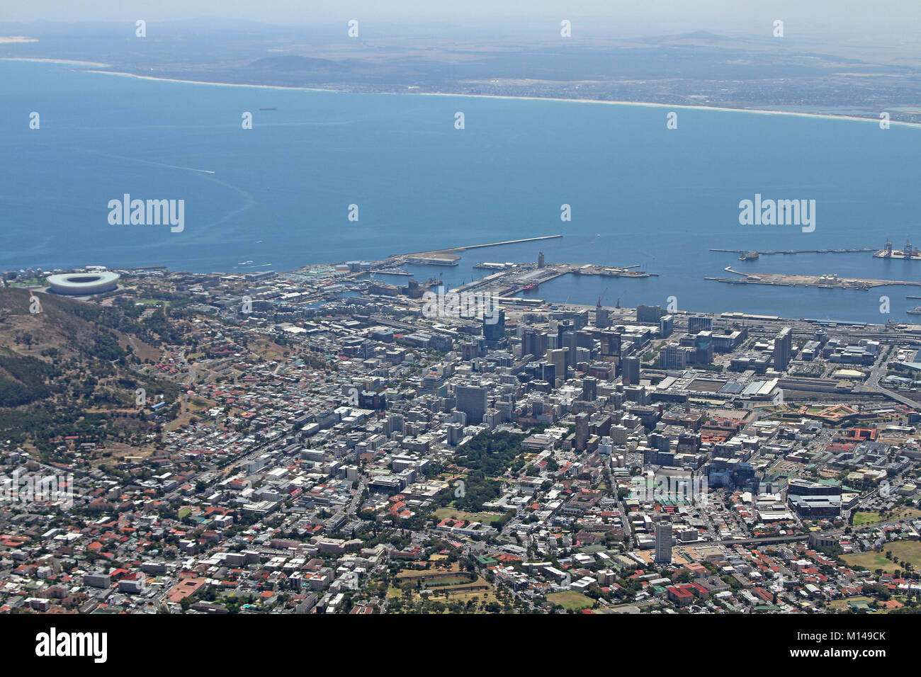 View of Midtown Cape Town, base of Signal Hill, V&A Waterfront, Harbour and Stadium from Top of Table Mountain, Western Cape, South Africa. Stock Photo