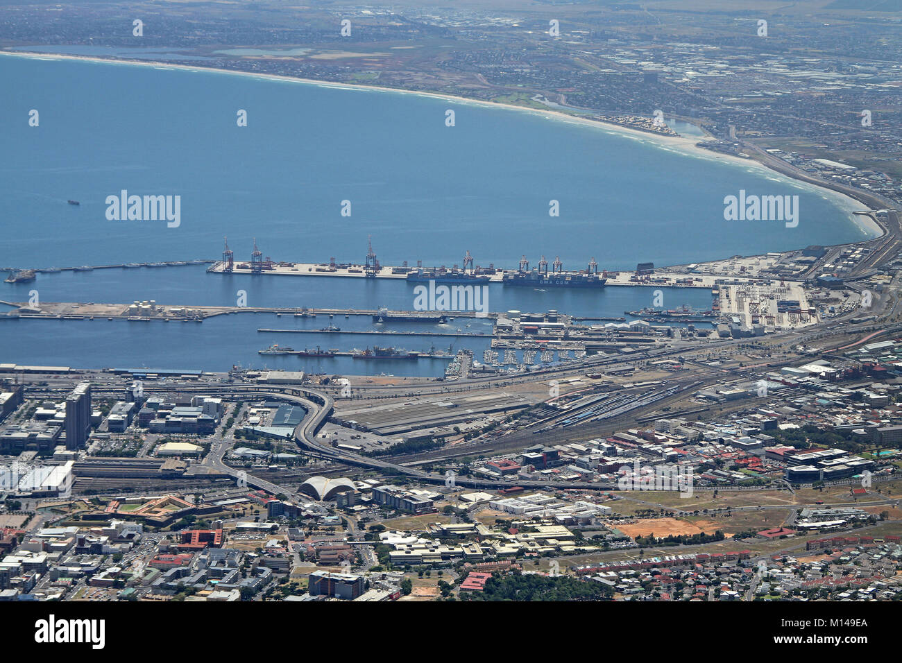 View of Cape Town Harbour from the top of Table Mountain, Western Cape, South Africa. Stock Photo