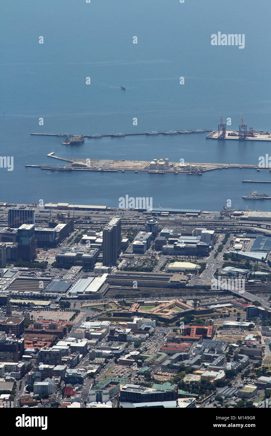 View of Cape Town Railway Station, Harbour, Nelson Mandela Blvd and F W De Klerk Blvd from top of Table Mountain, Western Cape, South Africa. Stock Photo