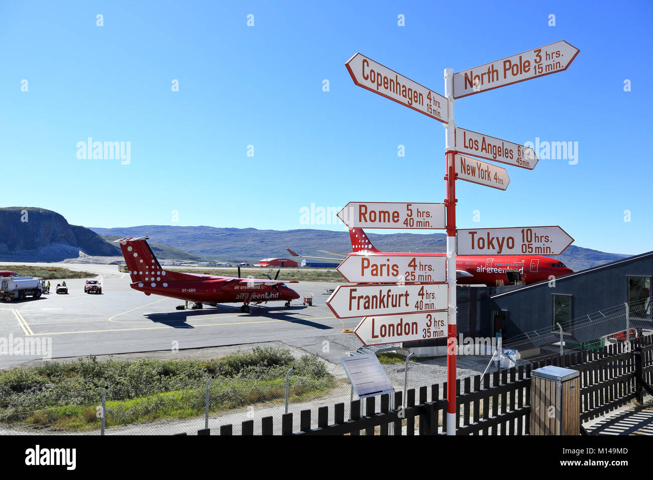 Distance signpost at Kangerlussuaq airport, Greenland Stock Photo