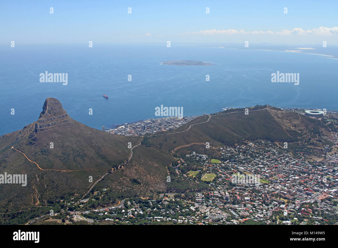 Lion's Head, Robben Island, Signal Hill and Cape Town Stadium from Table Mountain, Western Cape, South Africa. Stock Photo