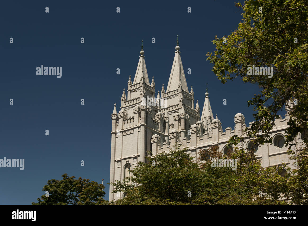 A detail of the Salt Lake Temple in Temple Square, Salt Lake City, Utah, USA, from the South visitors center.  Built by Mormon pioneers between 1853 a Stock Photo