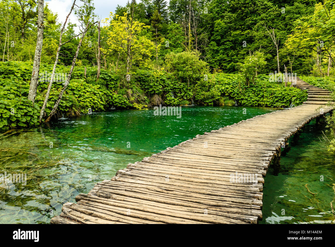 Footbridge/boardwalk & lake, at Plitvice National Park, located in both Lika-Senj County & Karlovac County. in Croatia Stock Photo