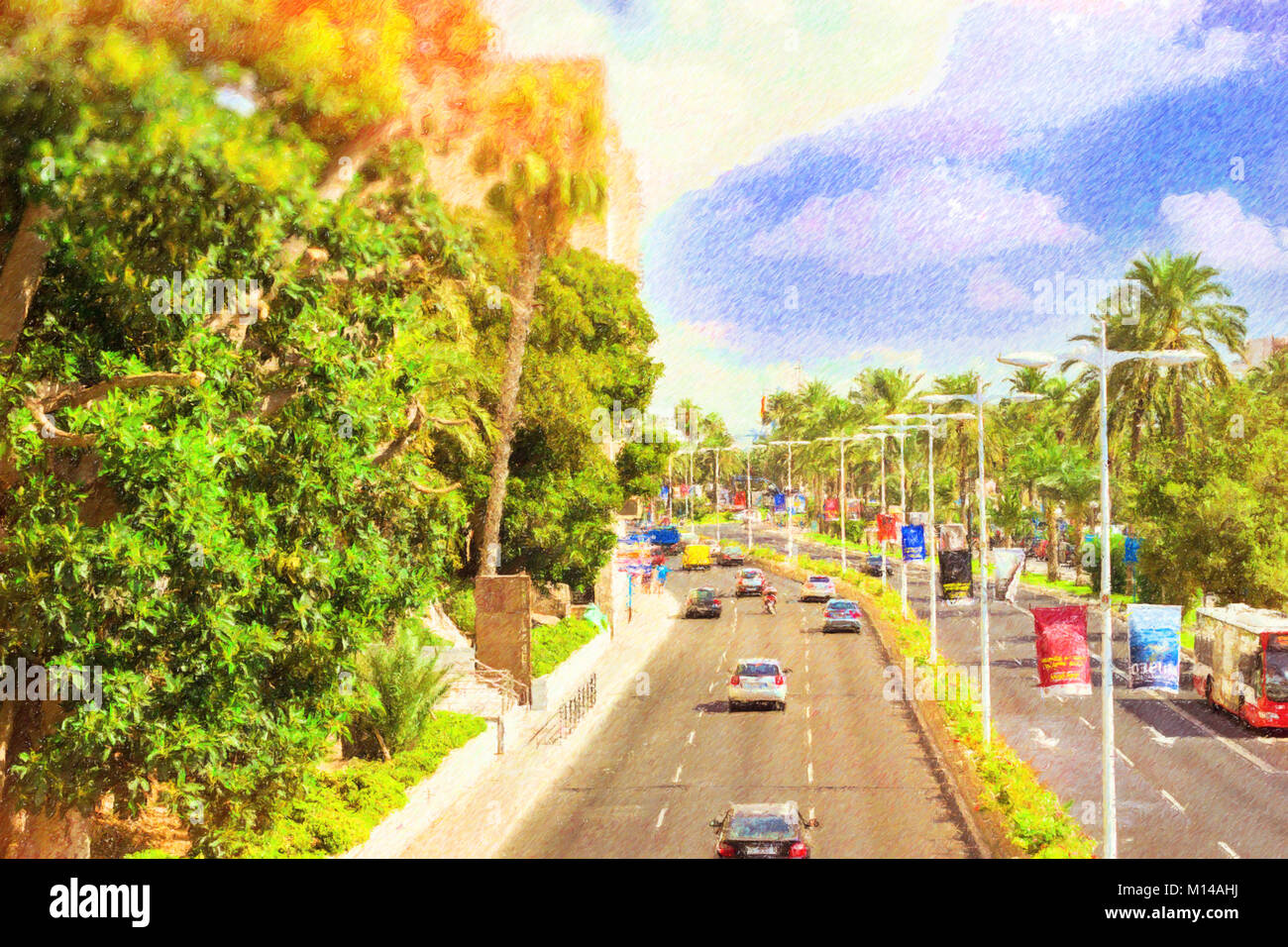 Spain, Alicante. Active vehicular traffic on busy highway. View of major highways Carrer de Jovellanos from bridge. Photo stylized illustration Stock Photo