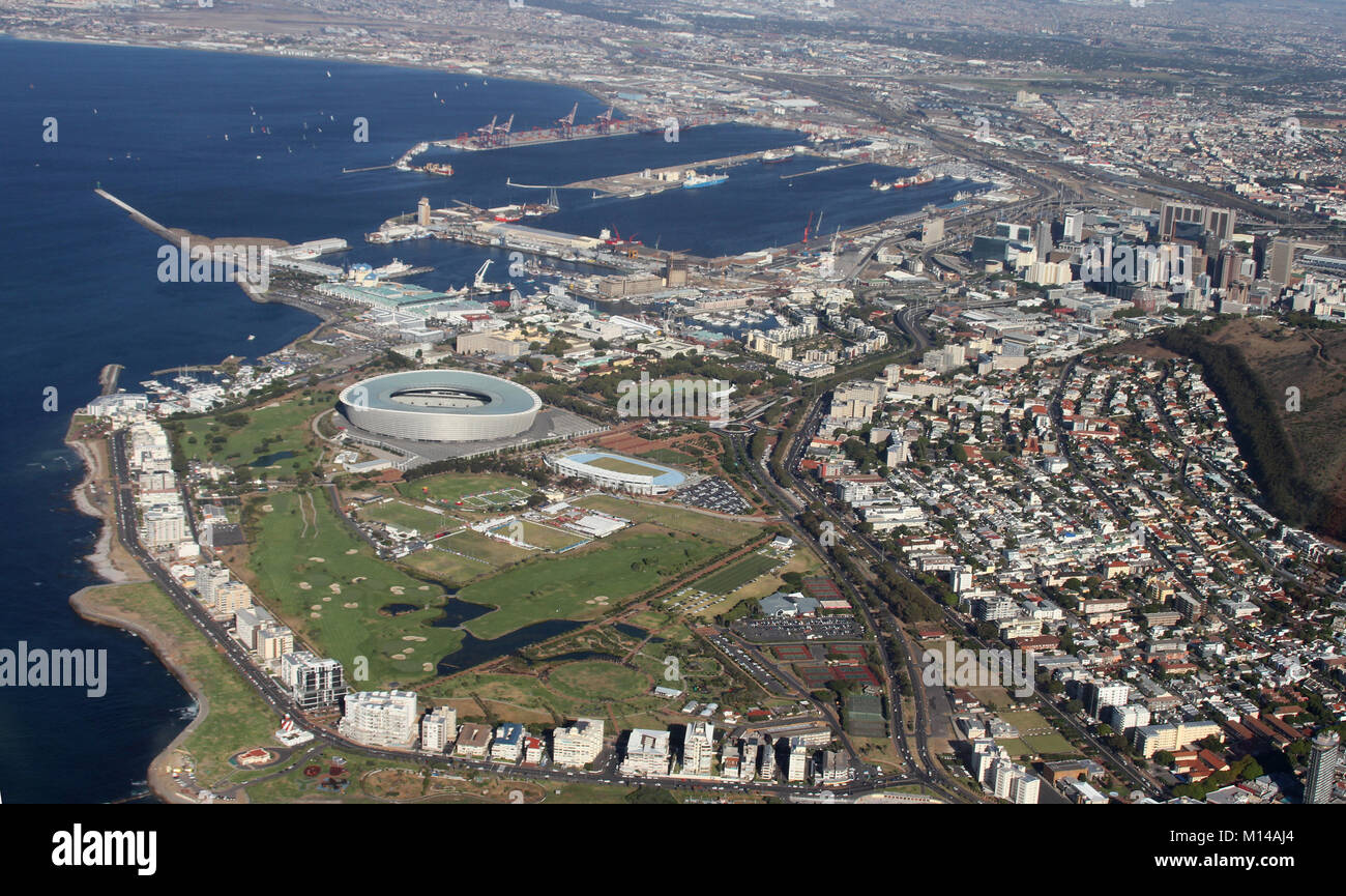 Helicopter view of Midtown Cape Town, Cape Town Harbour and Stadium, Western Cape, South Africa. Stock Photo