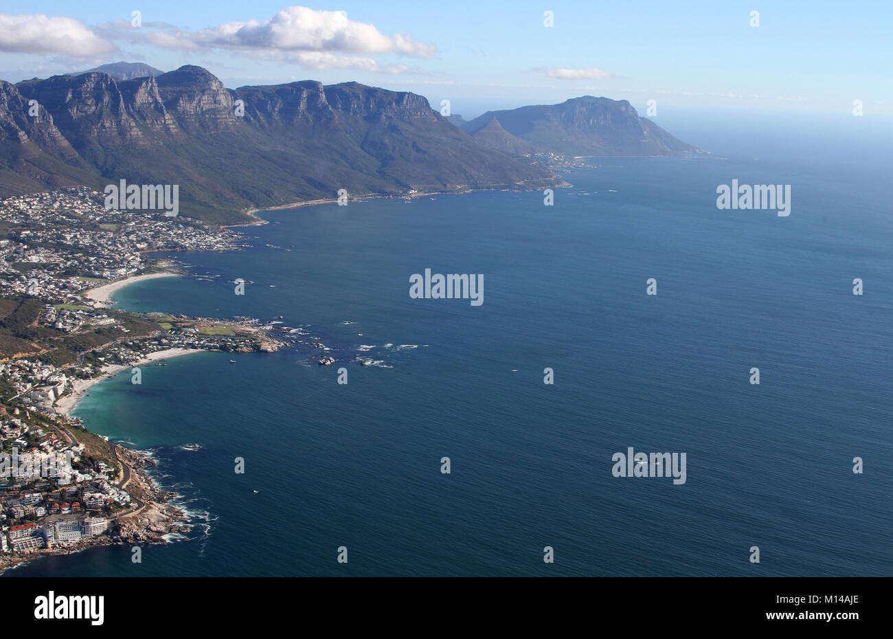 Table Mountain, Clifton Beach, Camps Bay and Oudekraal Nature Reserve seen from a Helicopter, Cape Town, Western Cape, South Africa. Stock Photo