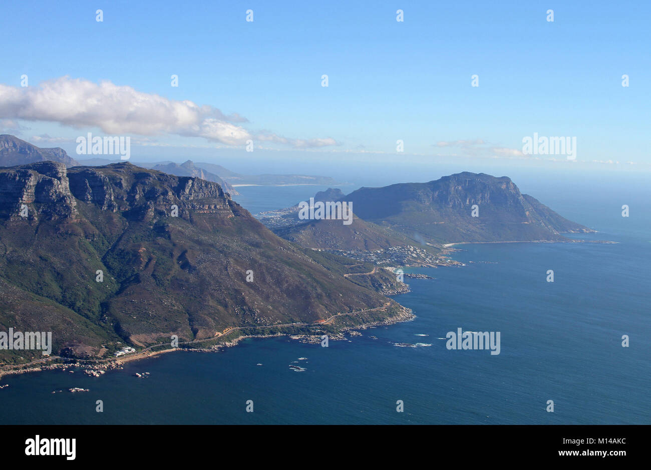 Helicopter view of Oudekraal part of Table Mountain, Hout Bay, Mount Rhodes, Mount Karbonkelberg and various beaches along Vicotoria Road, Cape Town,  Stock Photo