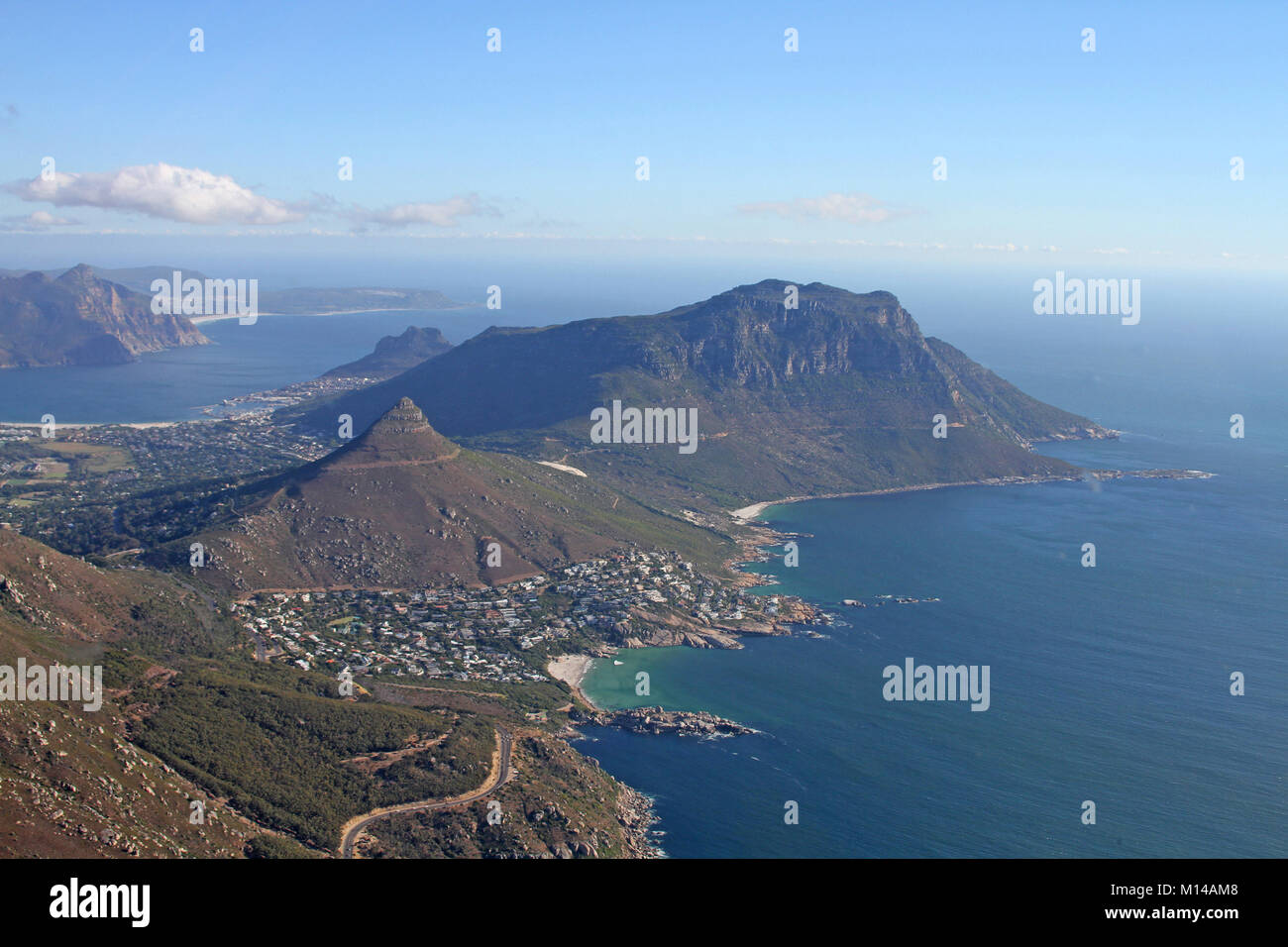 Helicopter view of Oudekraal part of Table Mountain, Hout Bay, Mount Rhodes, Mount Karbonkelberg and various beaches along Vicotoria Road, Hout Bay, W Stock Photo