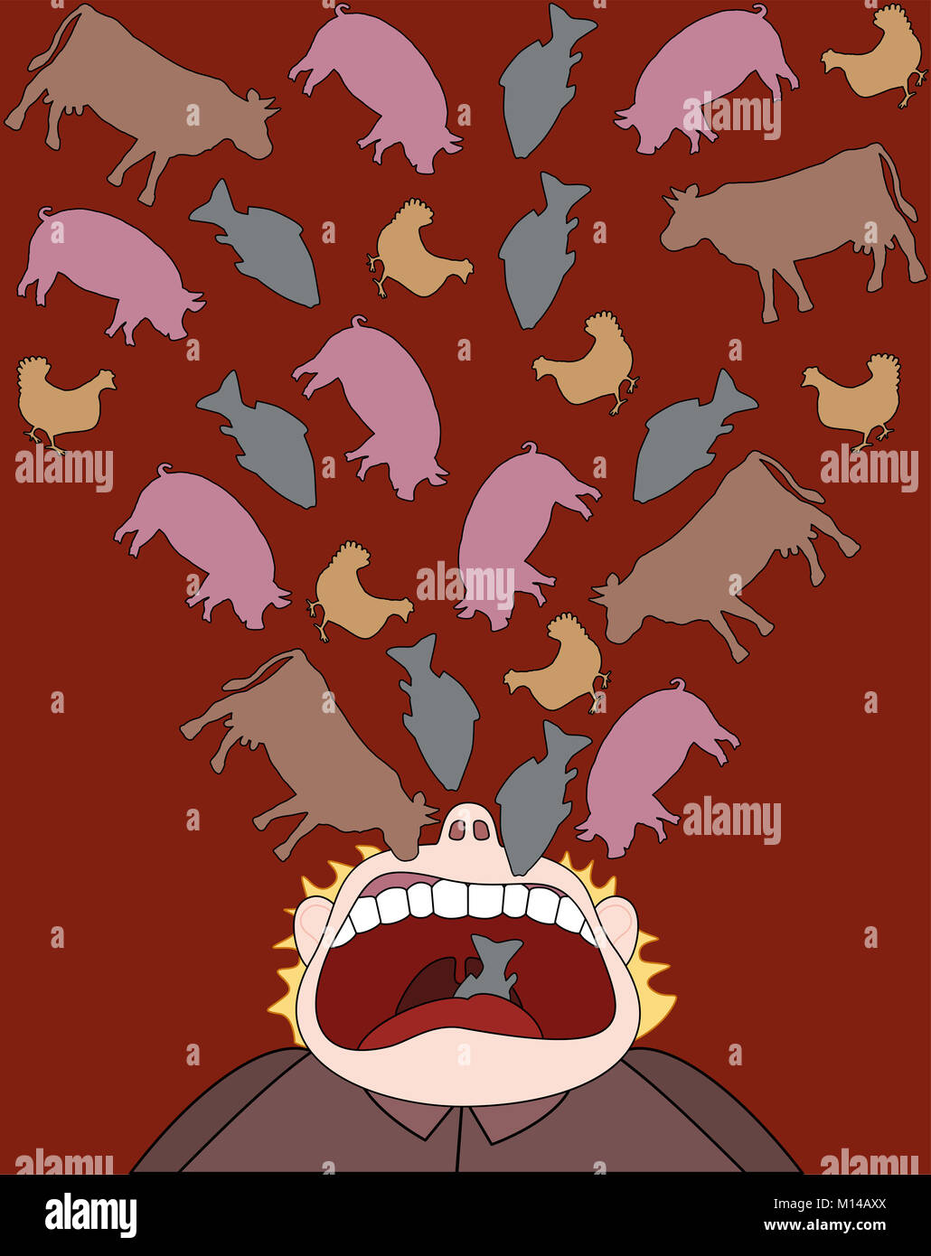 Eating meat - beef, pork, chicken and fish consumption - symbolic comic illustration of a man who eats animals instead of healthy vegetables, fruits. Stock Photo