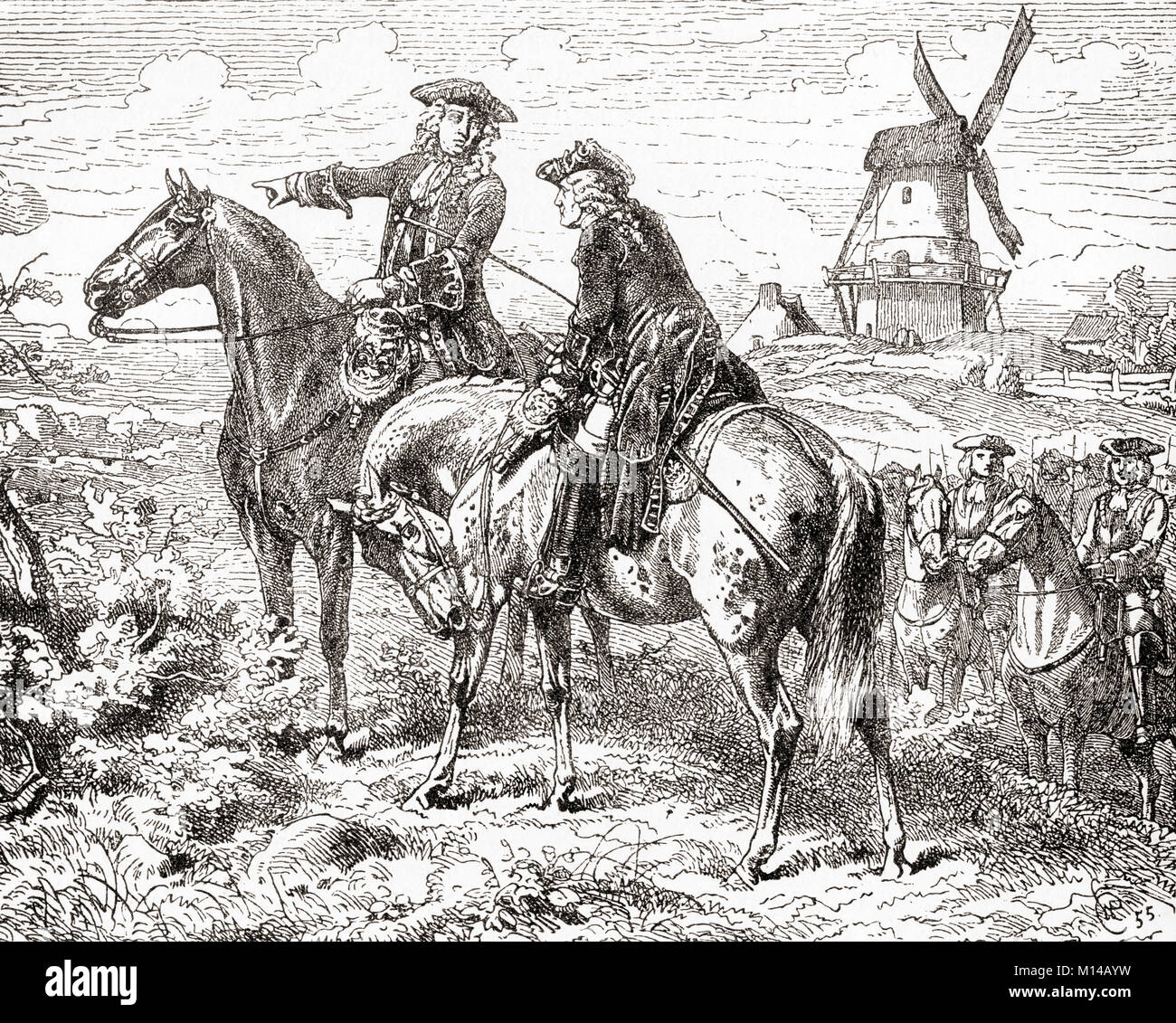 The Duke of Marlborough at The Battle of Malplaquet,11 September 1709.  General John Churchill, 1st Duke of Marlborough, 1st Prince of Mindelheim, 1st Count of Nellenburg, Prince of the Holy Roman Empire, 1650 – 1722.  English soldier and statesman.  From Ward and Lock's Illustrated History of the World, published c.1882. Stock Photo