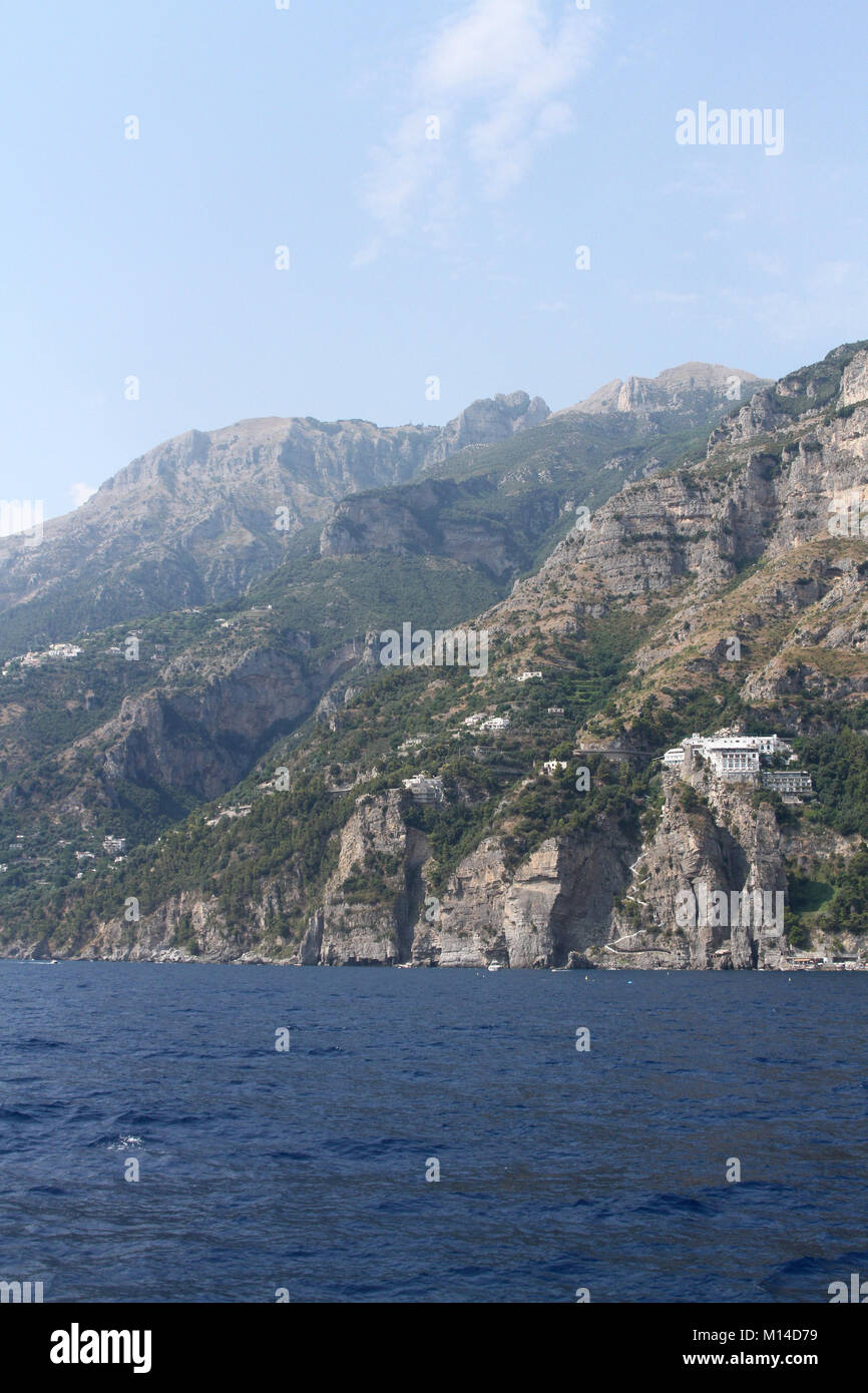 Hotel Grand Hotel Tritone and mountains to the West of Praiano, Italy. Stock Photo