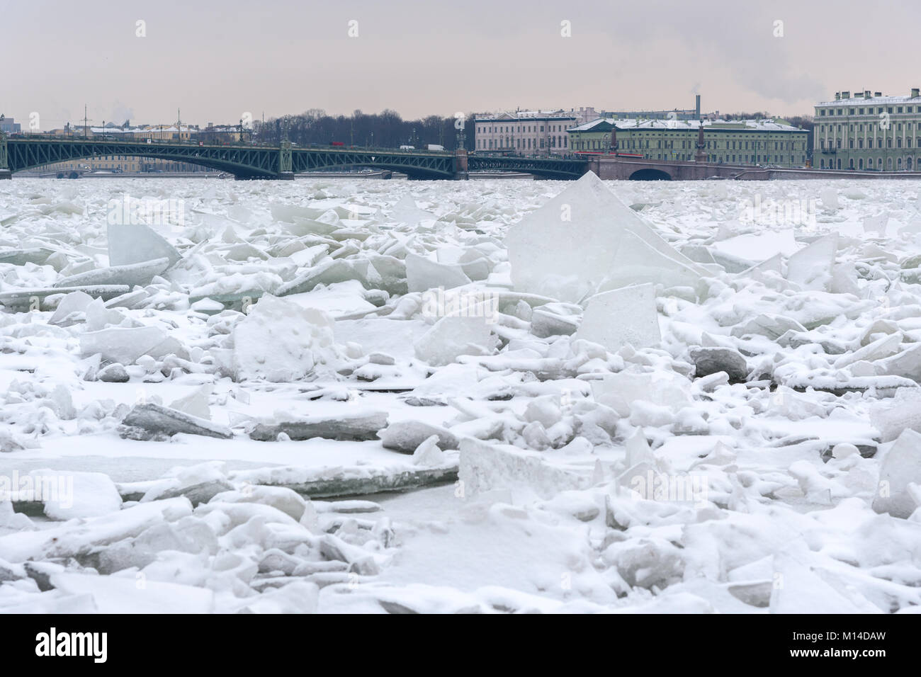 Ice hummock on Frozen Neva River in winter. Saint Petersburg. . Russia Stock Photo