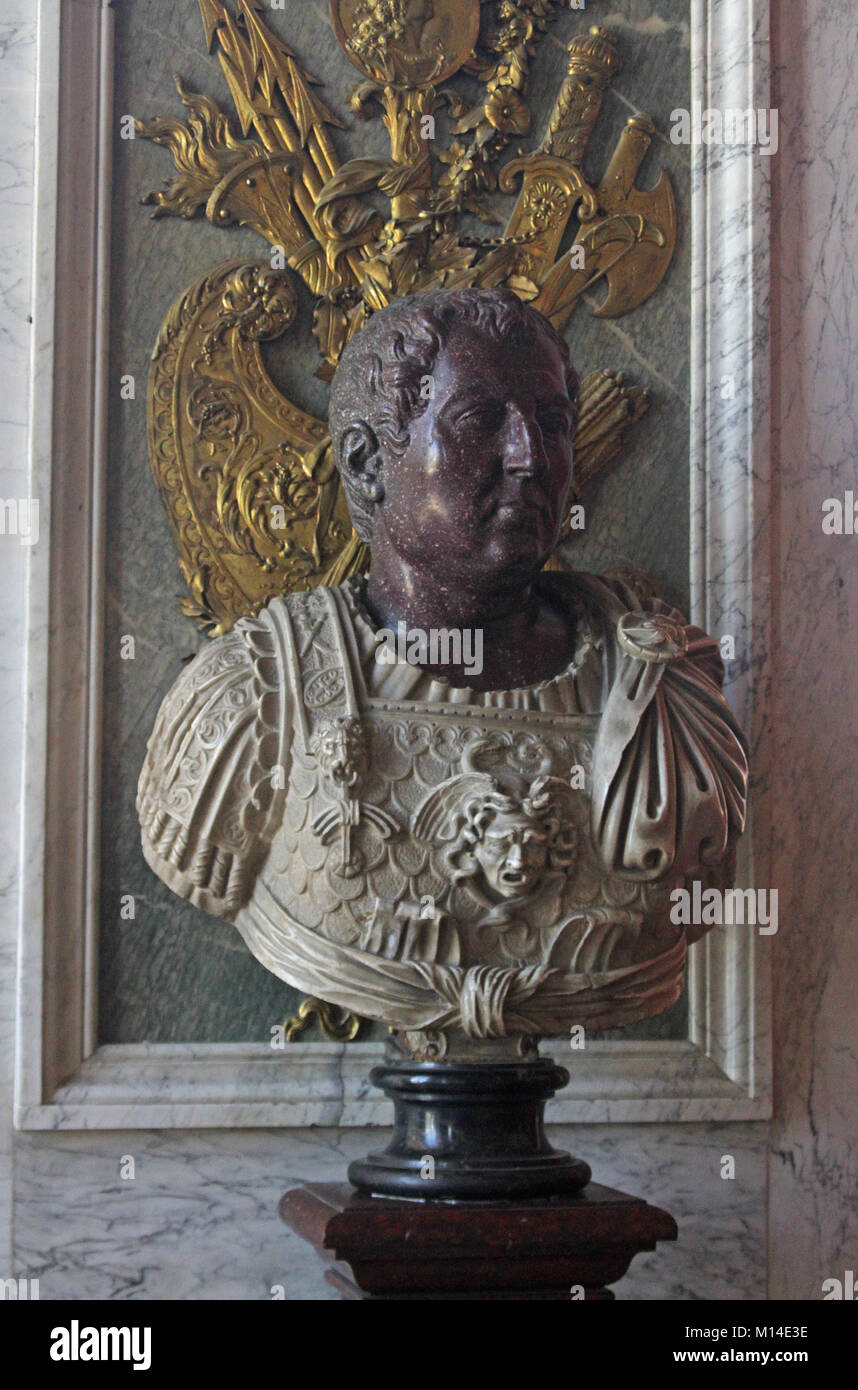 Bust of Roman Emperor Otto in the Peace Salon, head porphyry, marble gray clothes, Versailles Palace, Ile-De-France, France. Stock Photo