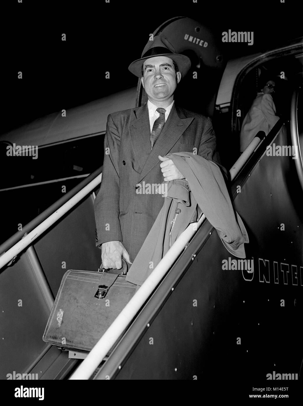 Senator Richard Nixon arrives at San Francisco airport, April 27, 1952. Stock Photo