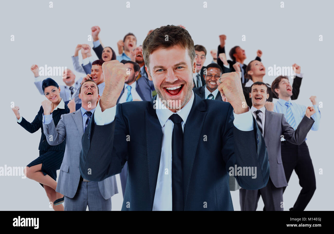 large business team celebrating success with arms raised isolated ...