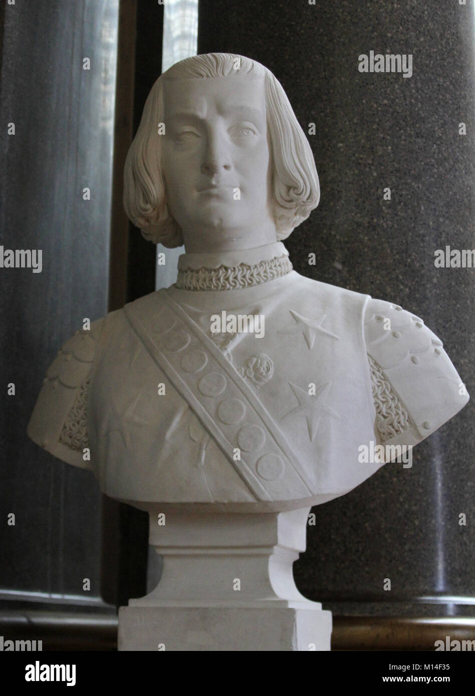 Marble bust of French Admiral Nicolas Behuchet by Bernard Seurre in the Gallery of Battles, Versailles Palace, Ile-De-France, France. Stock Photo