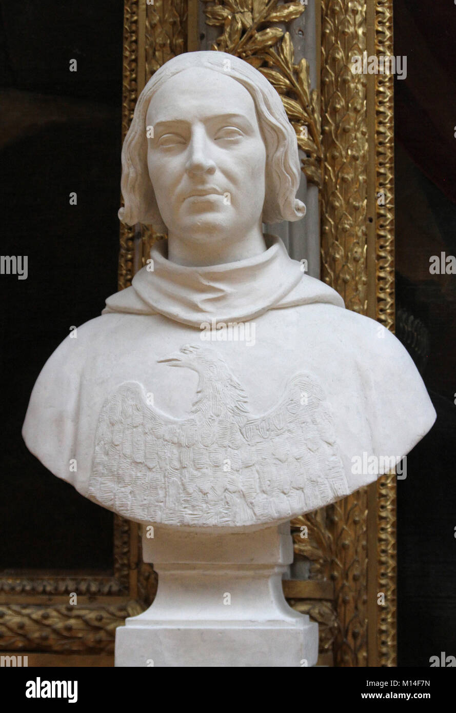 Marble bust of French Admiral Jean de Vienne by Francisque Duret in the Gallery of Battles, Versailles Palace, Ile-De-France, France. Stock Photo