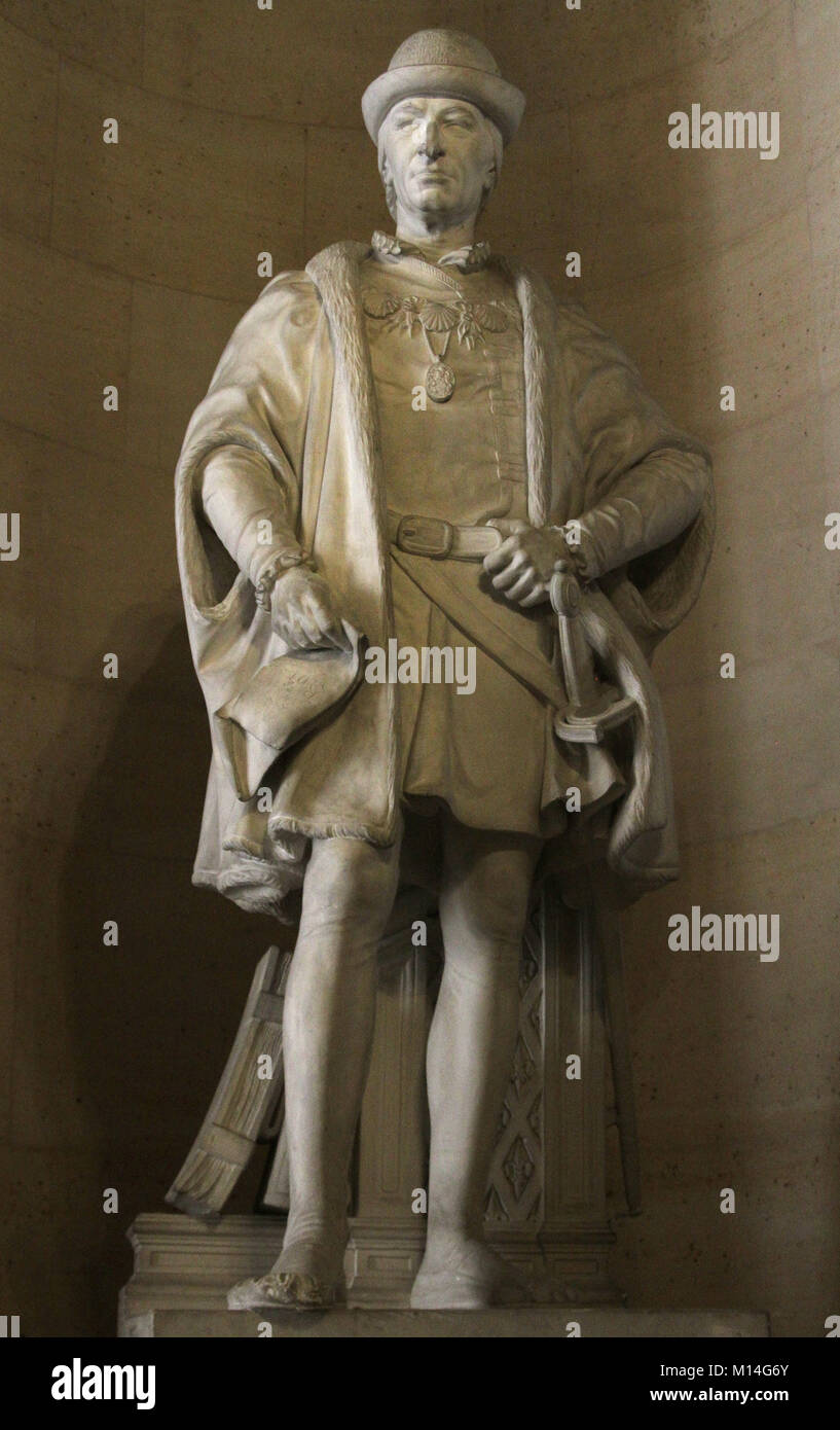 Marble sculpture statue of King Louis XI 1423-1483, by Jean-Louis Nicolas Jaley in the Stone Gallery-Galerie de Pierre, Versailles Palace, Ile-De-Fran Stock Photo
