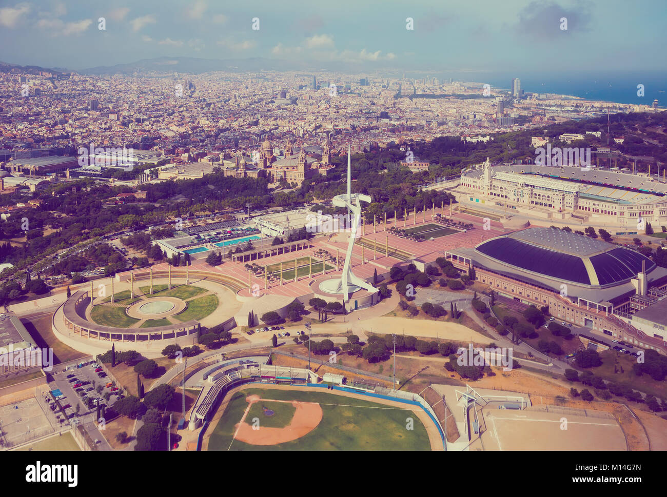 Olympic Sports Complex from above in Barcelona of Catalonia, Spain Stock Photo