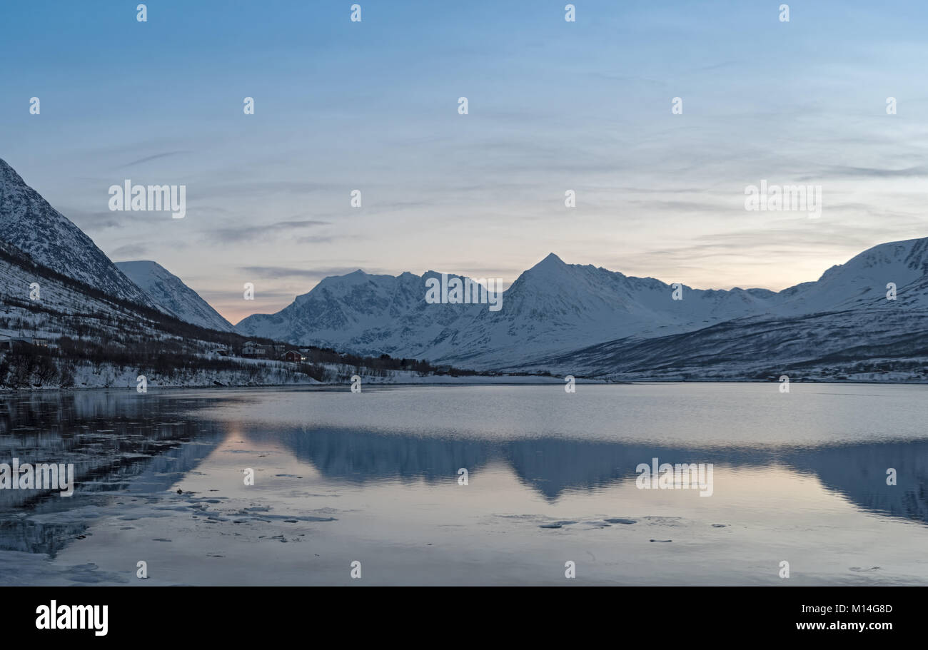 View of the fjord and the Lyngen Alps near Nord-Lenangen, Lyngen, Troms county, Norway.jpg Stock Photo