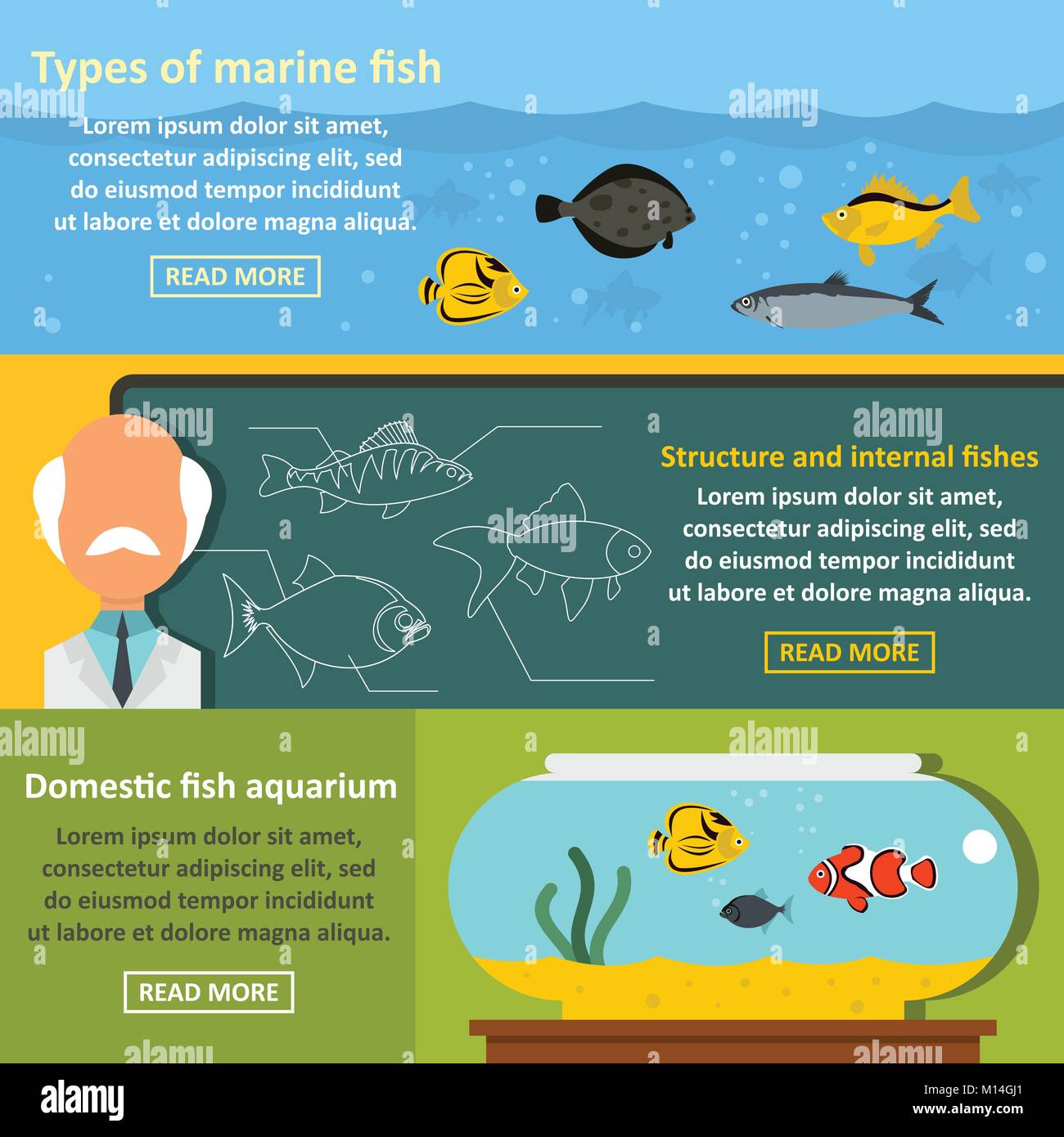 Fish Aquarium Banner Horizontal Set Flat Style Stock Vector Art