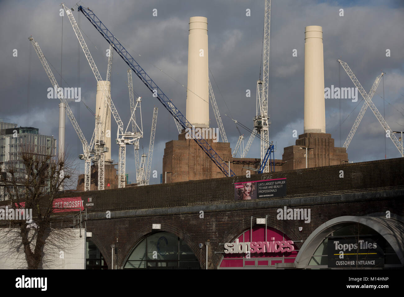 Ongoing construction work in Battersea, surrounding Battersea Power