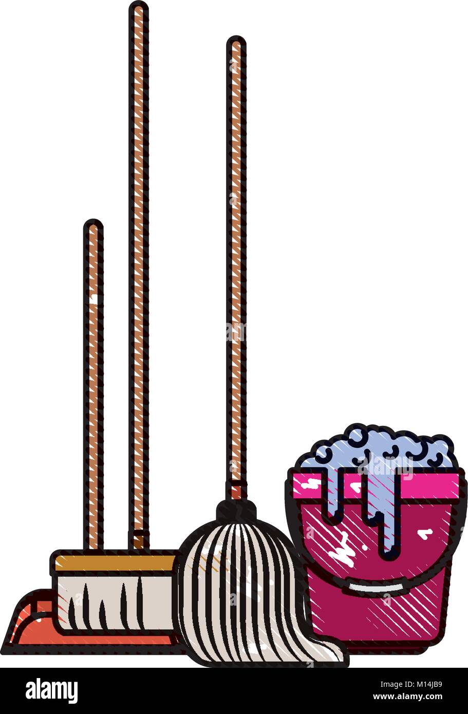 dustpan and broom and mop and bucket with water and soap detergent in