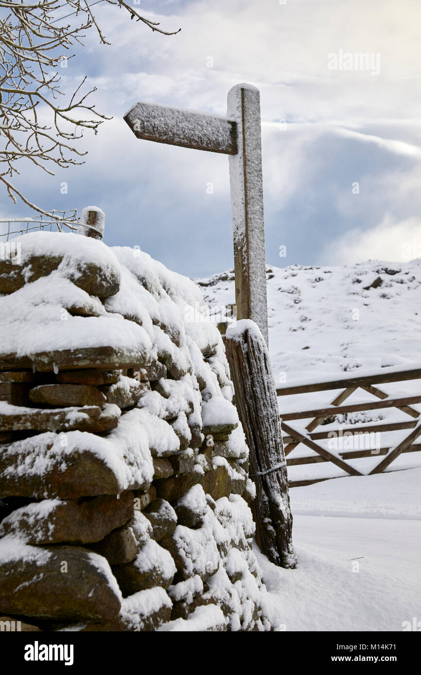Snow covered footpath sign on the Nidderdale way at Moorhouses Stock Photo