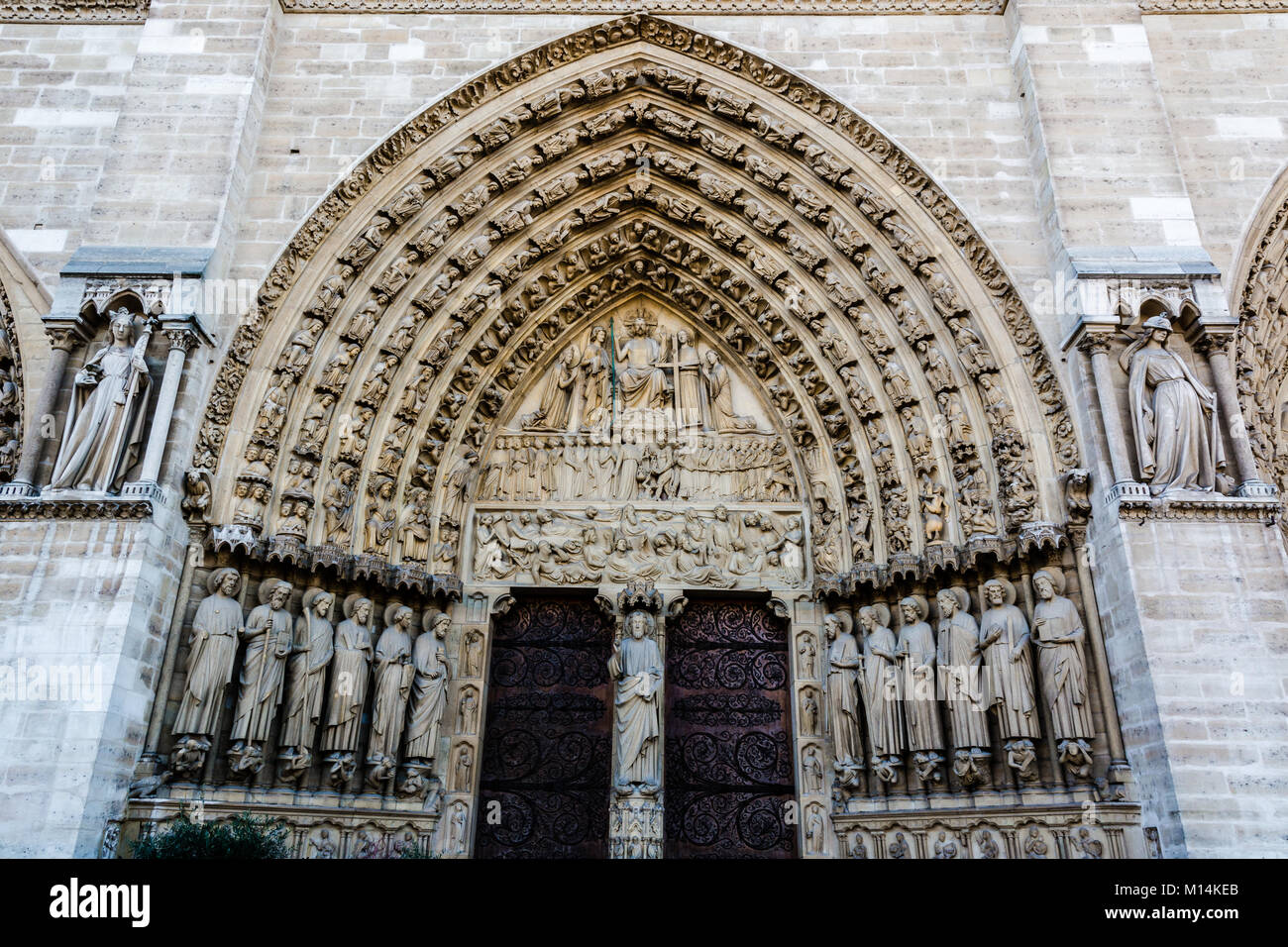 Paris, France: Carvings on the arches of Last Judgment Portal on the western facade of Notre Dame Cathedral. Stock Photo