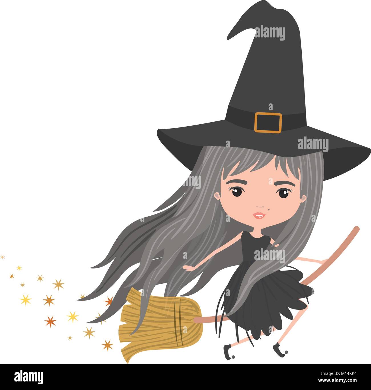 cute witch flying with broom colorful and trace of stars on white background Stock Vector