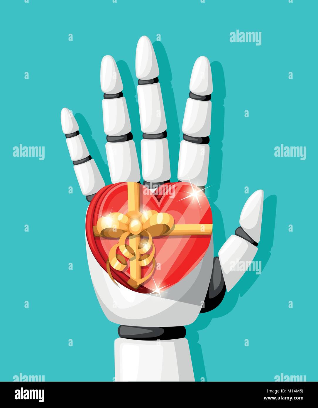 White robot hand or robotic arm for prosthetics holds a gift in the form of a heart with a gold bow vector illustration isolated on turquoise background website page and mobile app design Stock Vector