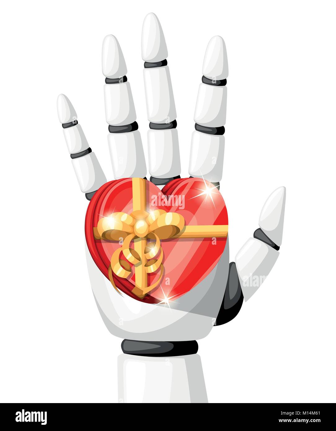 White robot hand or robotic arm for prosthetics holds a gift in the form of a heart with a gold bow vector illustration isolated on white background website page and mobile app design Stock Vector