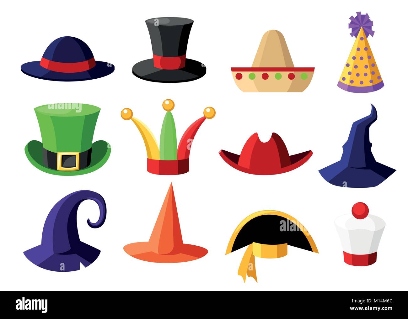 Fun carnival festive collection of cute celebration and disguise hat vector illustration isolated on white background website page and mobile app design Stock Vector