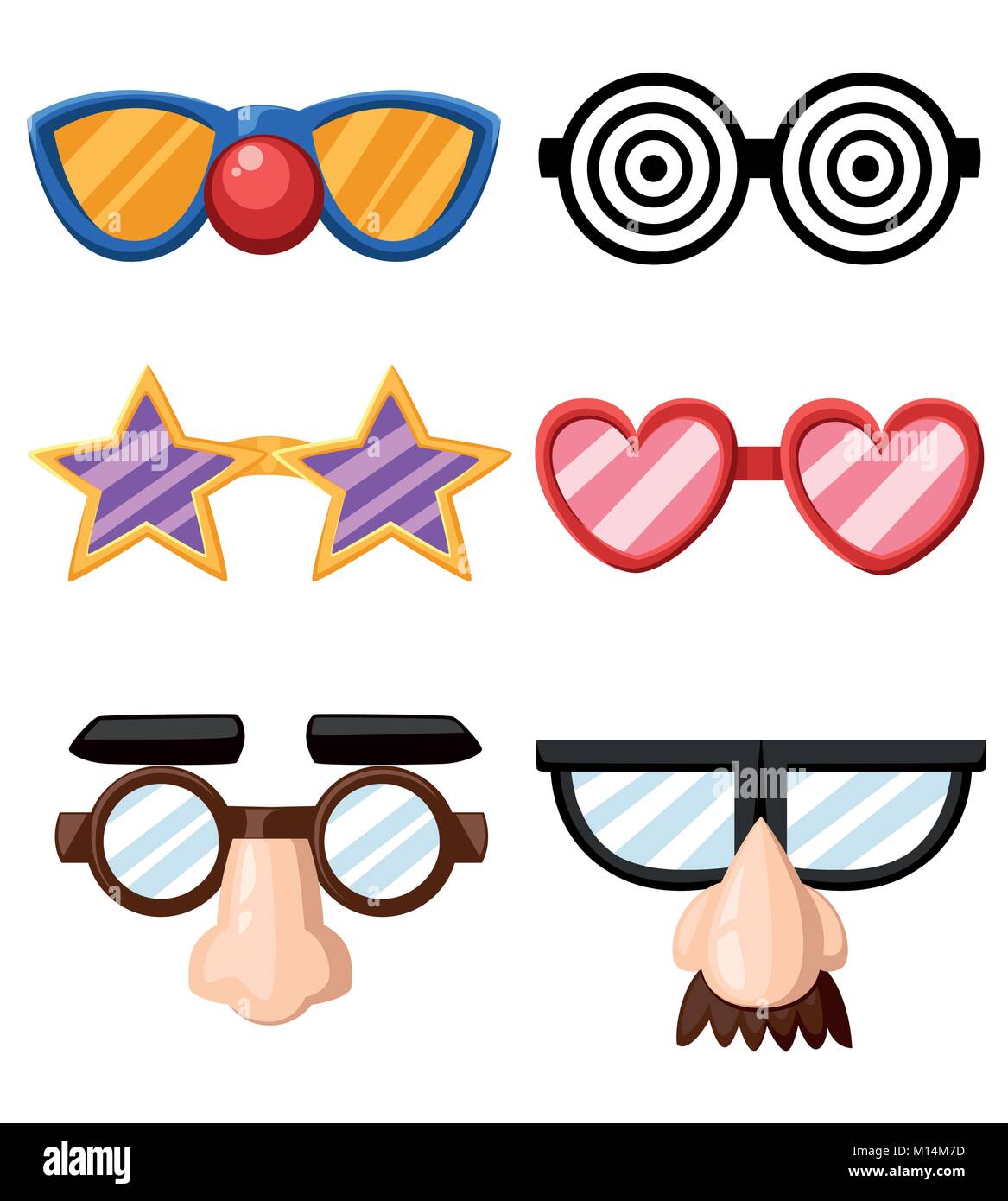 Set of funny glasses masks star heart nose clown mustache vector illustration isolated on white background website page and mobile app design Stock Vector