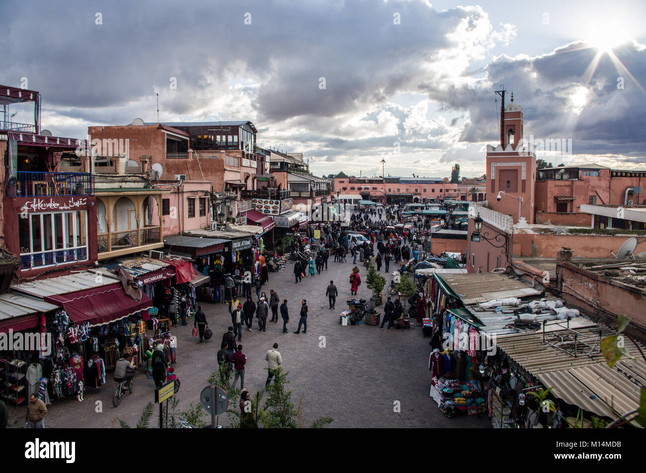 View over Marrakech Medina with tourists walking by local shops in January 2018, Morocco Stock Photo