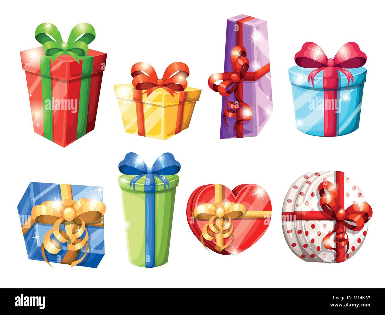 Set of different colorful gift boxes with bows vector illustration ...