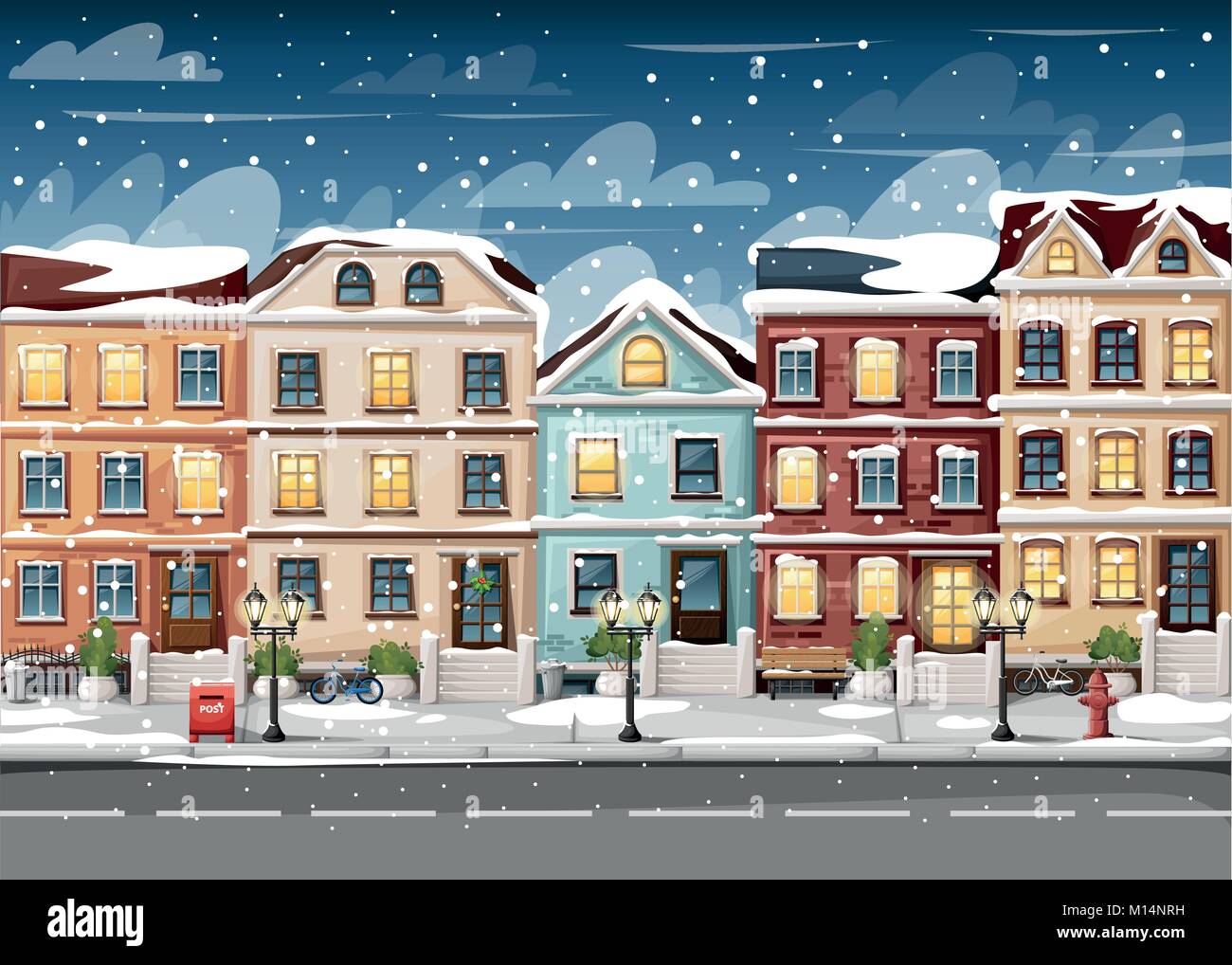 Snow-covered street with colorful houses fire hydrant lights bench red mailbox and bushes in vases cartoon style vector illustration website page and  Stock Vector