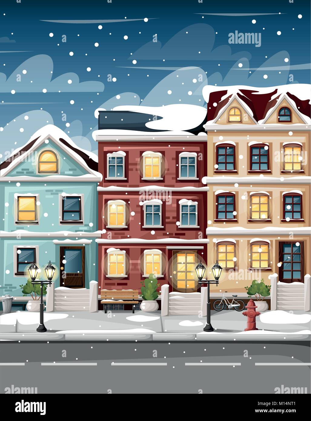 Snow-covered street with colorful houses fire hydrant lights bench and bushes in vases cartoon style vector illustration website page and mobile app d Stock Vector