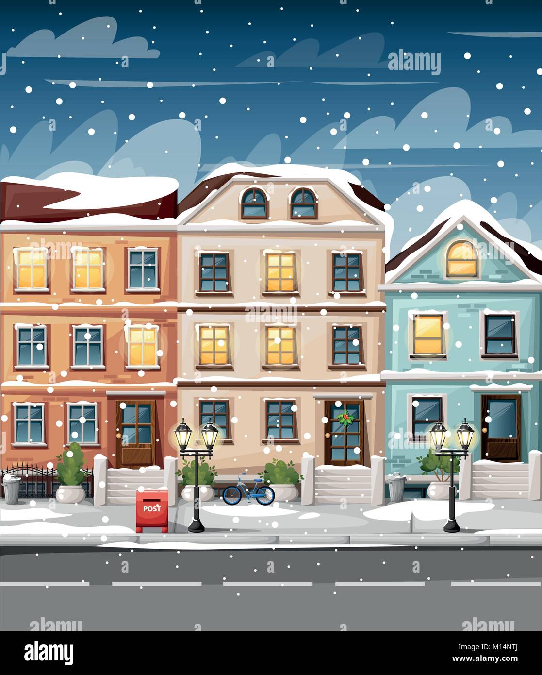 Snow-covered street with colorful houses lights bench red mailbox and bushes in vases cartoon style vector illustration website page and mobile app de Stock Vector