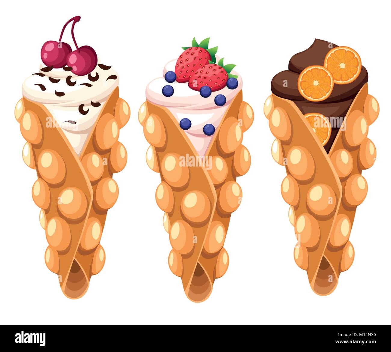 Set of Hong Kong waffle with cherry strawberry orange and whipped or chocolate cream vector illustration isolated on white background website page and Stock Vector