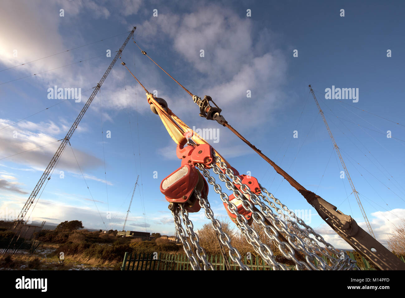 The Burghead Medium and Long wave radio transmission site and antennae In Morayshire Grampian Scotland UK. Stock Photo