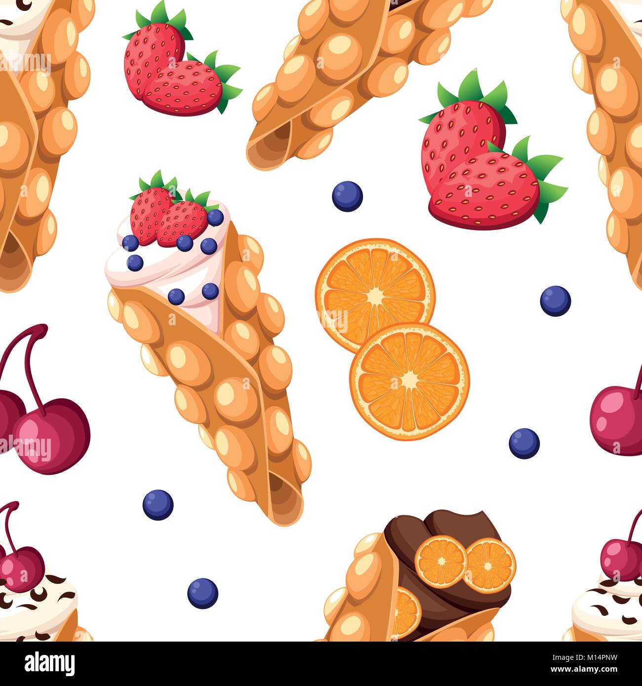 Seamless pattern Hong Kong waffle with cherry strawberry orange and whipped or chocolate cream vector illustration isolated on white background websit Stock Vector