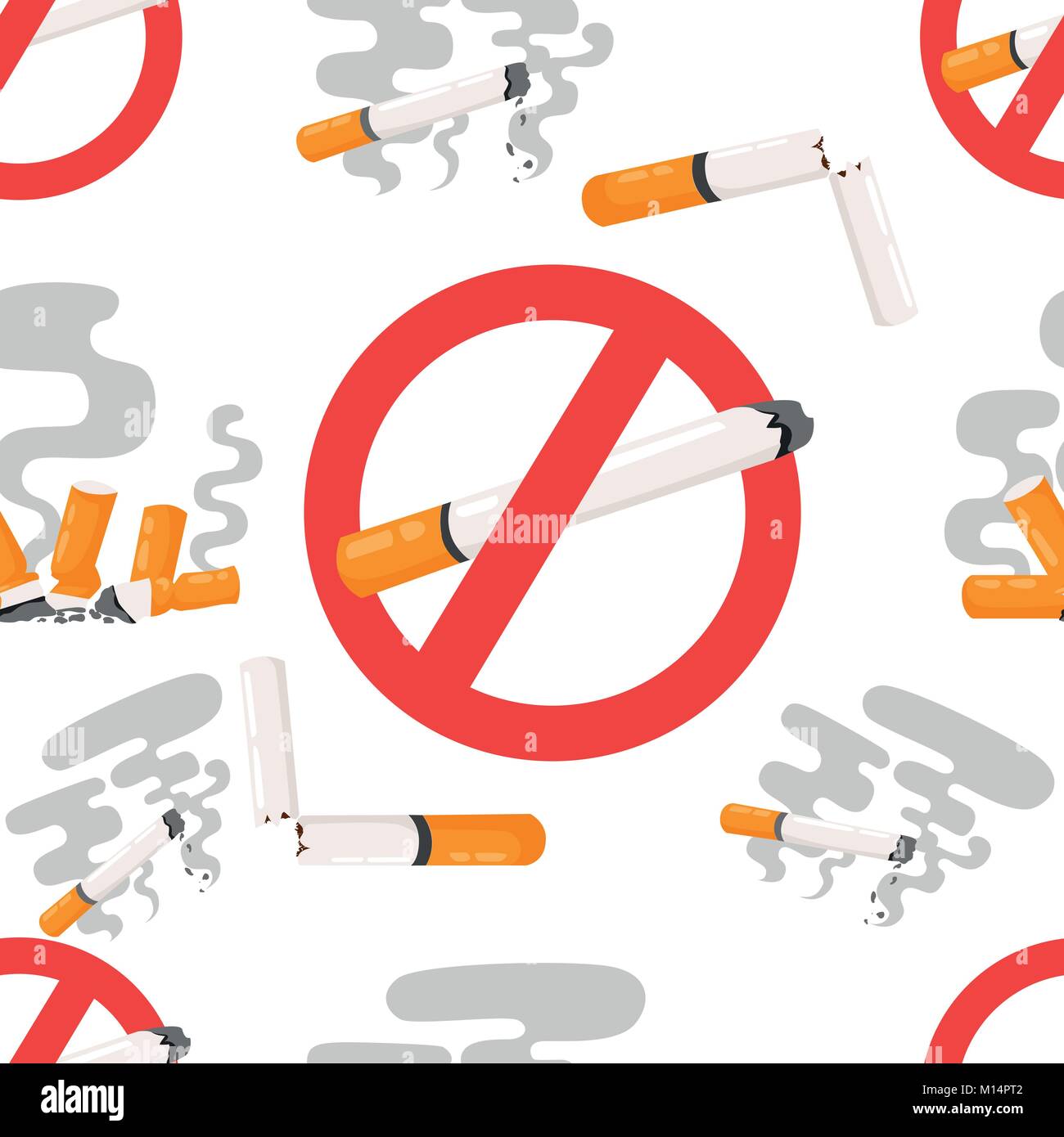 Seamless pattern of no smoking forbidden signs with flat cigarette with smoke vector illustration on white background website page and mobile app desi Stock Vector