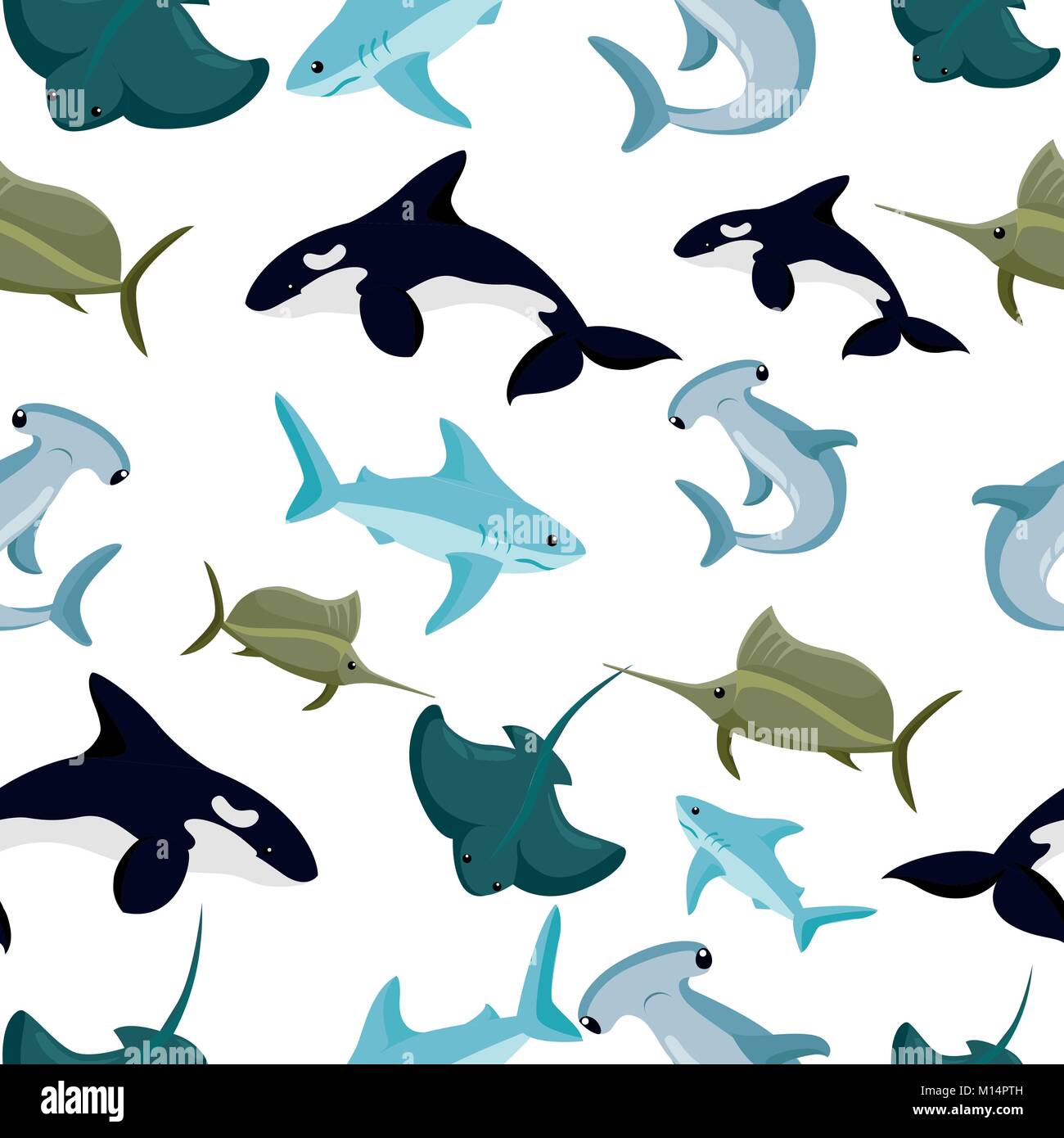 Seamless pattern of hammerhead and blue shark sphyrna manta orca vector illustration on white background website page and mobile app design. Stock Vector